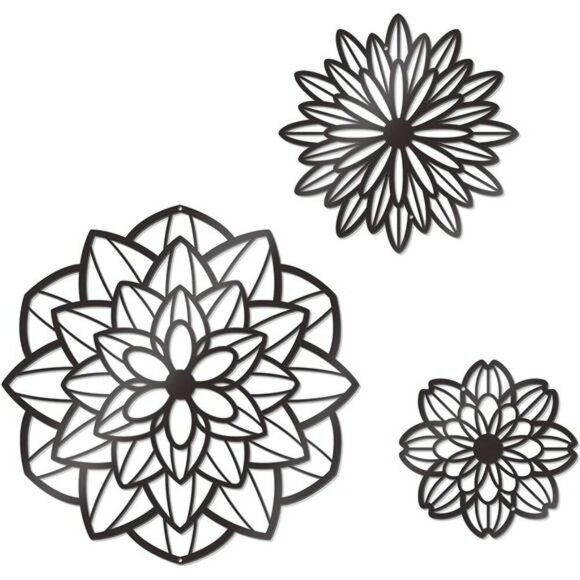Metal Flower Wall Decor Set of 3 Black Hanging Art for Bathroom Living Room - Picture 1 of 7